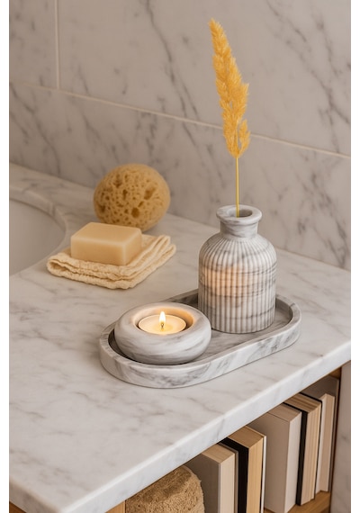 Seramik Vazo, Tealight Mumluk Ve Dekoratif Tepsi Seti - Beyaz Minimal Tasarım 29894909