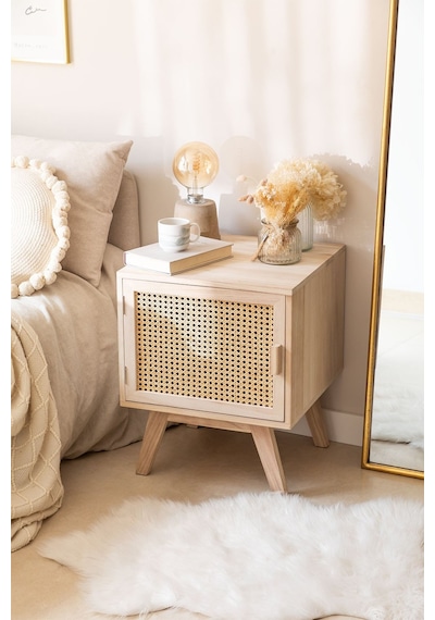Hazeranlı Rattan Stil Tek Kapaklı Ahşap Komodin Ceviz