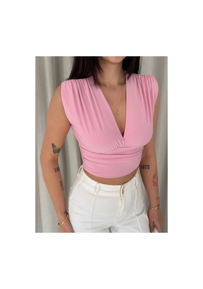 Butik İstanbul Vatkalı Kolsuz V Yaka Drapeli Crop Bluz Likralı Fit - Pembe