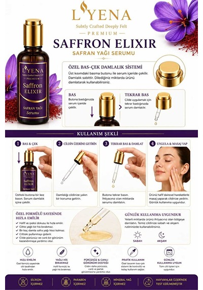 Lyena Premium Saffron Elixir Safran Yağı Cilt Bakım Serumu 50 Ml Canlı Ve Parlak Görünüm Destekleyici Serum