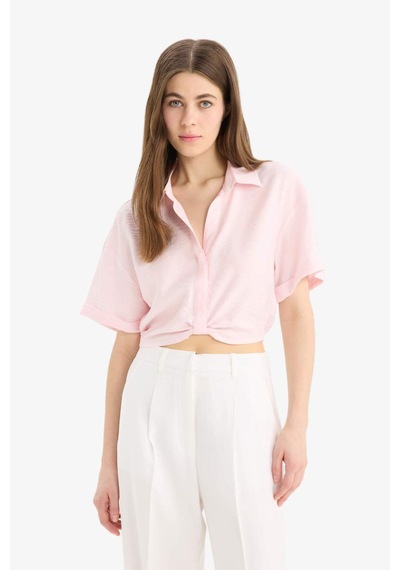 Defacto Gömlek Yaka Crop Keten Görünümlü Kısa Kollu Bluz C7799ax25sppn289 Pembe