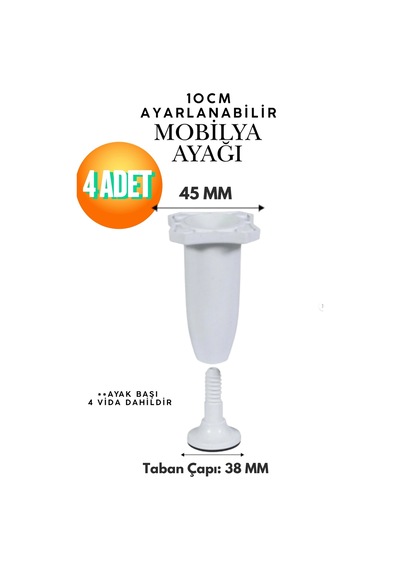 Yonca Beyaz Mobilya Ayağı 10 Cm - Ayarlanabilir Plastik Kanepe Sehpa Dolap Baza Tezgah Ayağı 4'lü Set Beyaz Beyaz