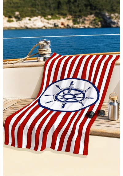 Marine Çizgili Dümen Plaj Havlusu - Nautical Kırmızı Beyaz Lacivert Hızlı Kuruyan Mikrofiber Havlu Keten Papatya