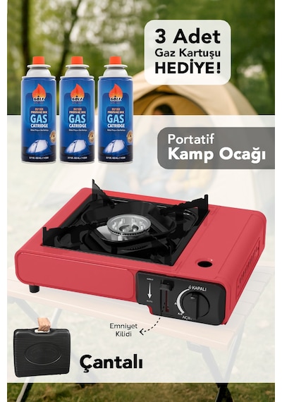 Portatif Kamp Ocağı - Taşıma Çantalı Gazlı Stop Emniyetli Kırmızı Kamp Ocağı Ve 3 Adet 227 Gr Kartuş Kırmızı