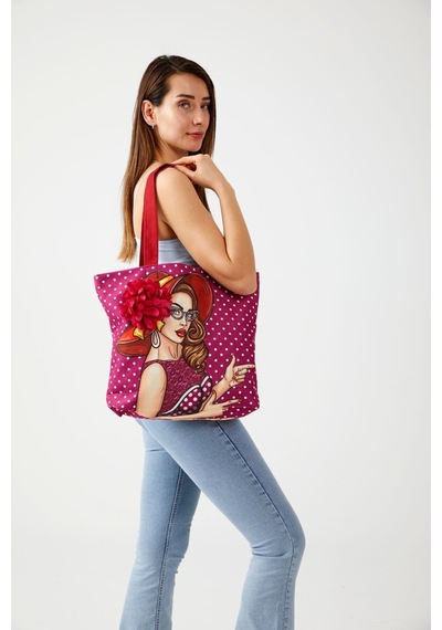 Ayshome Popart Desen Bez Fuşya Puantiyeli Plaj Alışveriş Çantası Çok Renkli