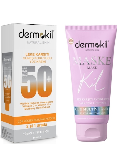 Dermokil Leke Karşıtı Koruyucu Yüz Güneş Kremi SPF50+ 50 ML + Aydınlatıcı Kil Maskesi 75 ML