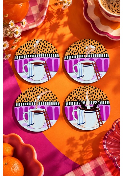 Coffee Dive, Pop Art Kahve Temalı 4 Lü Bardak Altlığı Set 9 Cm, 3 Mm Ahşap Mdf, Dijital Baskı - 930472758 Diğer