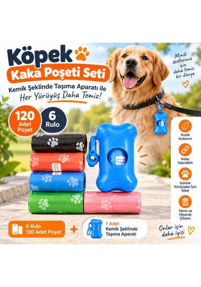 Köpek Kaka Poşeti Seti 120 Adet 6 Rulo + Kemik Şeklinde Taşıma Aparatı