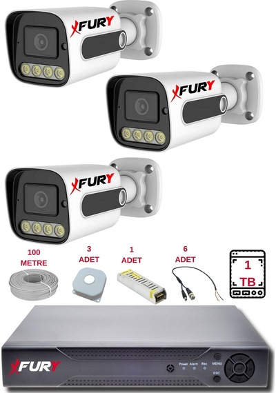 Fury 3 Kameralı Set Full Hd Gece Renkli Görüş - Cepten İzle - Su Geçirmez Güvenlik Kamerası Seti 1tb