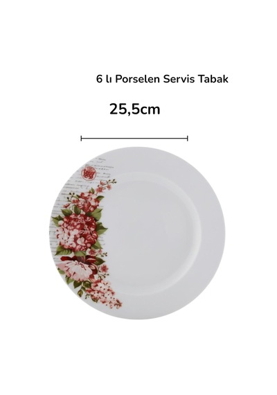 6'lı Porselen Servis Tabak Pasta Tabağı 25,5cm Çiçekli Model Beyaz