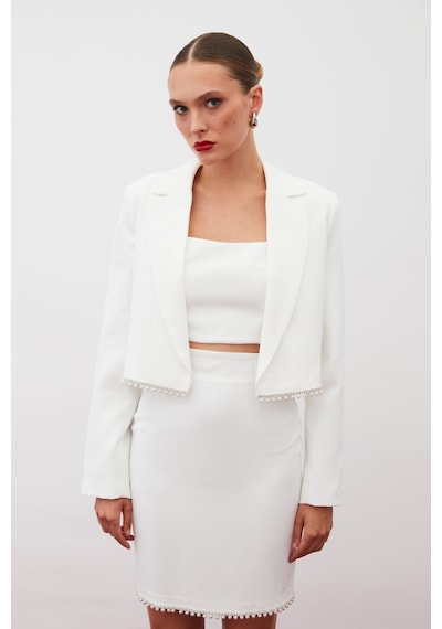 Sateen Aksesuarlı Kısa Ceket - Ekru-134922 Ekru
