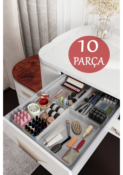 10 Parça Şeffaf Çekmece İçi Düzenleyici - Banyo Makyaj Ve Takı Organizer Mega Set Şeffaf