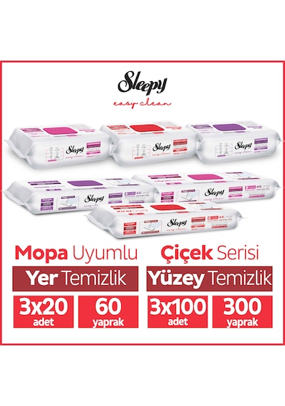 Sleepy Easy Clean Çiçek Serisi 3x100 Yüzey & 3x20 Yer Temizlik Havlusu&Mendili Karma Paket