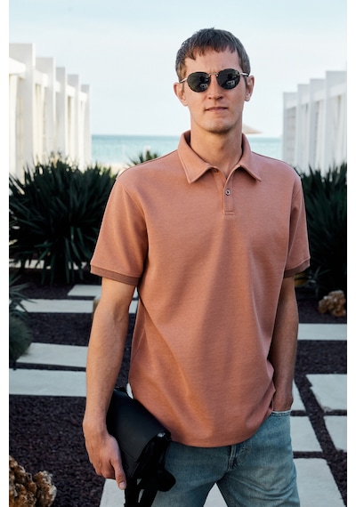 Grimelange Laporte Erkek Dokulu Kumaşlı Slim Fit Kiremit Rengi Polo Yaka T-shirt