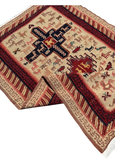 El Dokuma Sıfır İran Şiraz Kilimi 102x160 Krem Yün İnce Kilim