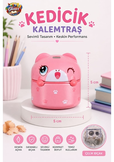 Sevimli Figürler Metal Hazneli Çift Bıçak Kalemtraş Jumbo Ve Normal Kalemler İçin 1 Adet - Pembe