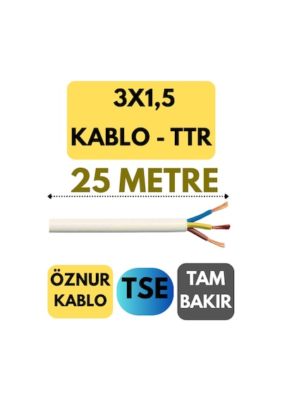 Öznur 3x1,5 Ttr Kablo Metre Seçenekli Beyaz - 25 Metre