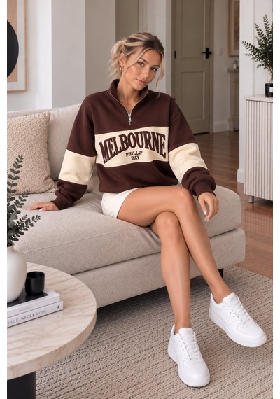 Lima Kahve Kadın Melbourne Baskılı Oversize Sweatshirt Yarım Fermuarlı Dik Yaka Uzun Kollu Sweat Lima Kahve Kadın Melbourne Baskılı Oversize Sweatshirt Yarım Fermuarlı Dik Yaka Uzun Kollu Sweat
