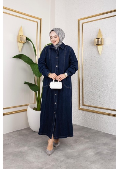 Harman Butik Kadın Düğmeli Cepli Kar Yıkamalı Denim Kot Kap Lacivert Lacivert