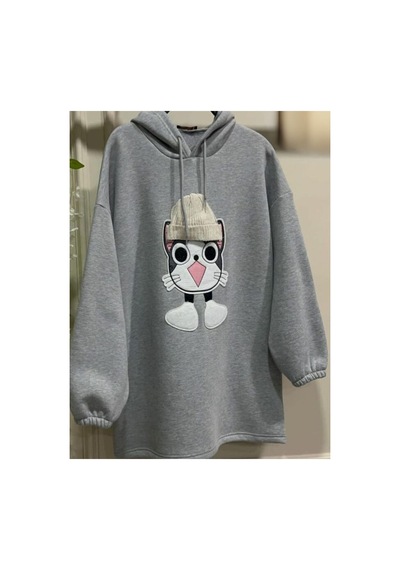 Çınar Boutique Kedicik Desenli Kapişonlu Sweetshirt-gri - M Gri Gri