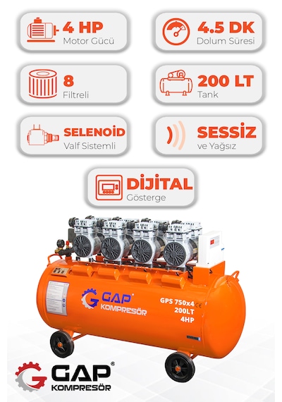 Hava Kompresörü Sessiz Ve Yağsız Hava Kompresörü 200lt Gps750x4