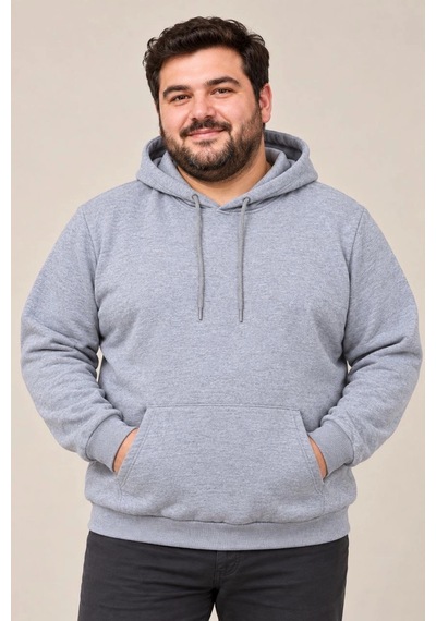 Ertaştrendstore Erkek Battal Büyük Beden Üç İplik İçi Şardonlu Kapüşonlu Kanguru Cepli Kışlık Sweatshirt - Gri Çok Renk