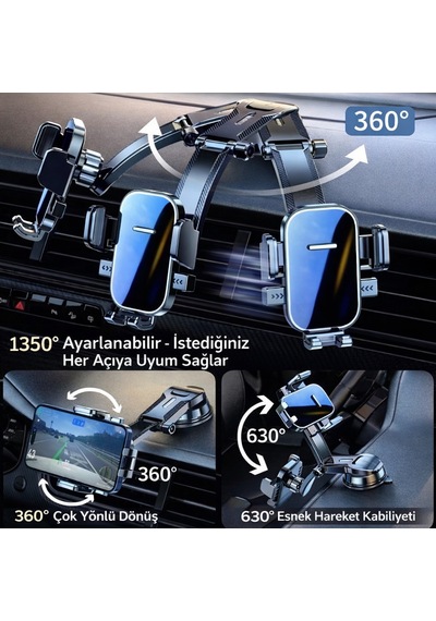 360 Ayarlanabilir Vakumlu Araç Telefon Tutucu Torpido&havalandırma Uyumlu Universal Telefon Standı Siyah