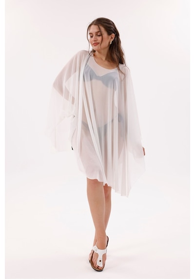 Tarzını Seç Kısa Kimono Pareo - Tesettür Pareo - Esnek Likralı Tül Beyaz 180x135 Cm Çok Renkli