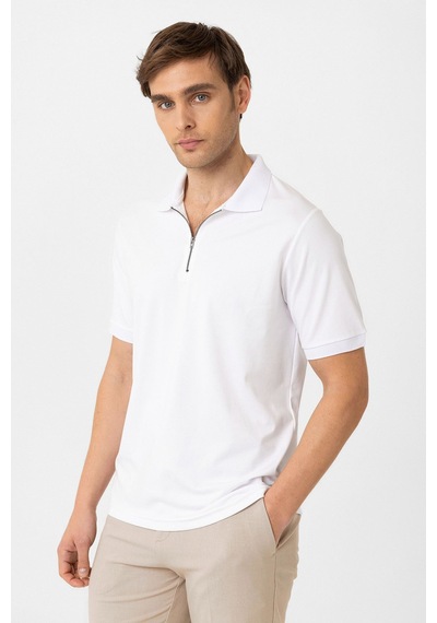 Antioch Fermuarlı Regular Fit Erkek T-shirt Beyaz