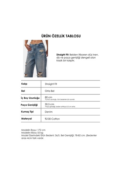 it's basic Kadın Kot Rengi 12s6-32 Straight Fit Yırtık Detaylı Tasarım Denim Jean Mavi