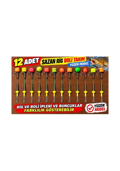 12 Adet Hazır Sazan Rig Boli Takımı Yüzen Model Büyük Sazan Iğneli Karışık Renkli Pratik Olta
