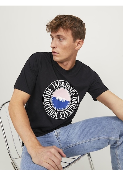 Jack & Jones Jack Jones Baskılı Bisiklet Yaka Tişört 12250411 Siyah