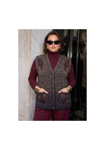 Onno Style Women Karyağdı Gül Desenli Çelik Örgü Triko Kadın Yelek Lacivert