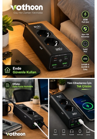 Akım Korumalı Priz 2 Ac Soket 2 Usb-a 2 Usb-c 35w Hızlı Şarj 1050j Koruma 2 Mt Kablo 2200w 1