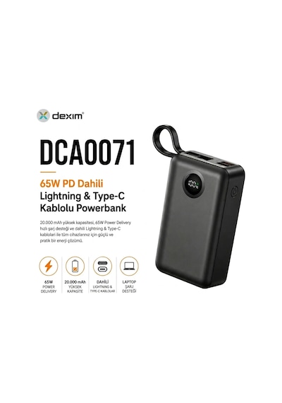 Dexim 20.000 Mah 65w Lightning+type-c Kablolu Hızlı Şarj Taşınabilir Güç Kaynağı Çok Renkli