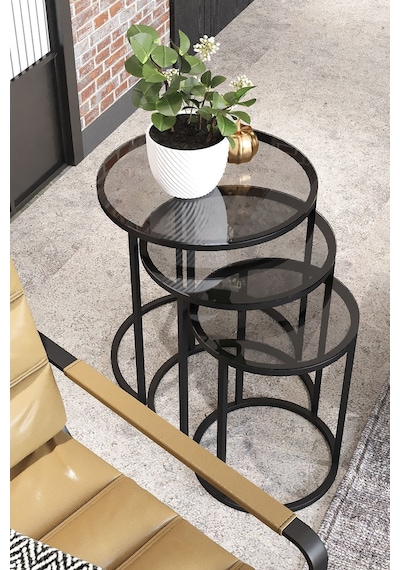 Dekoport Milas Zigon Sehpa Yan Sehpa Küçük Ölçü 38 - 31 - 26 Cm Siyah Füme