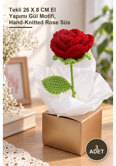 3 Adet El Örgüsü Gül Tekli 26 X 8 Cm El Yapımı Gül Motifi, Hand-knitted Rose Süs