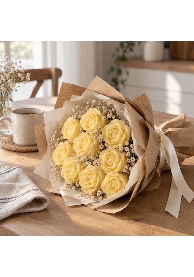 Sarı Gül Mum Buketi Kraft Ambalaj