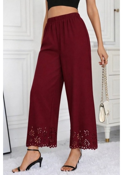 Efnaz Style Kadın Yüksel Bel Beli Lastıklı Çiçek Desenli Lazer Kesım Detaylı Ithal Krep Pantolon Bordo