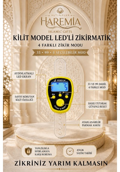 Kilit Özellikli Ledli Zikirmatik 4 Modlu Dijital Zikirmatik Işıklı Sayaç Tesbih Sarı