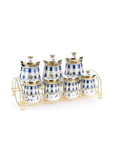Porselen Baharat Takımı Metal Standlı Mavi Desenli Beyaz