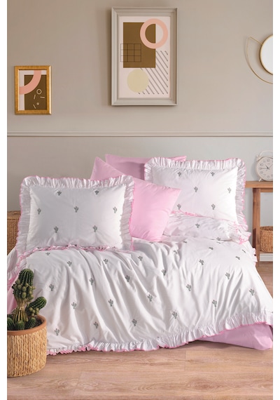 Ranforce %100 Pamuk Nakışlı Fırfırlı Nevresim Seti Ellas Pembe