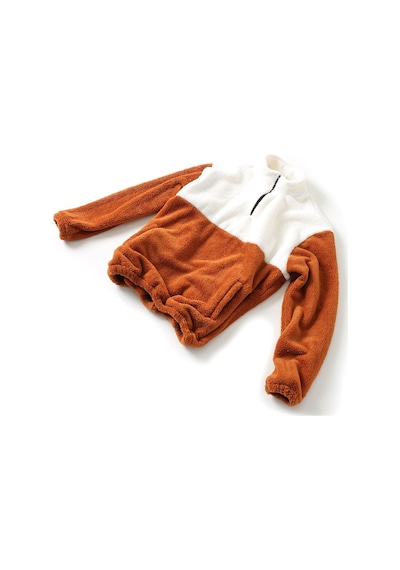 Fifty Color Erkek Oversize Yarım Fermuarlı Pelüş Sweat-Beyaz - Tarçın