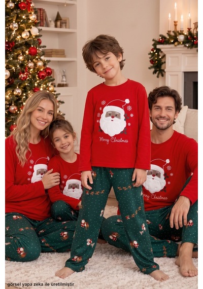 Siyah İnci Yılbaşı Temalı Termal Kumaşlı Ultra Soft Yumuşak Baba-oğul Örme Pijama Takımı 26225810-1 Kırmızı