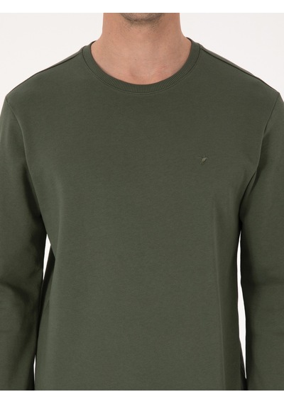 Haki Regular Fit %100 Pamuk 3 İplik Bisiklet Yaka Sweatshirt Yeşil