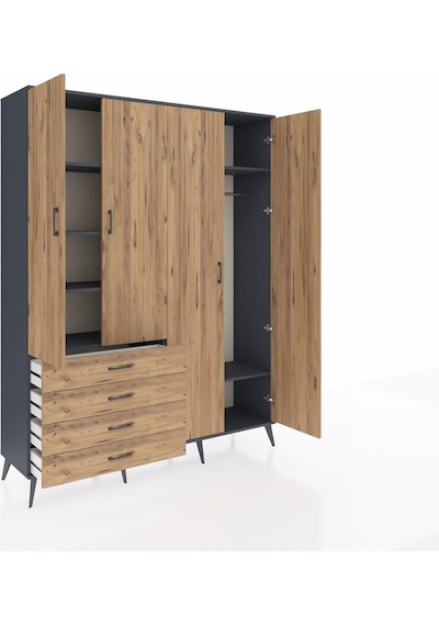 Hyperion Gardrop 6 Raflı 4 Çekmeceli Tek Askılı 176x44x221 Antrasit-çam Çam