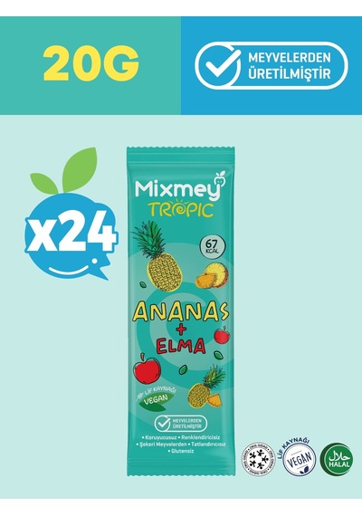 Mixmey Ananas Meyve Barı 24 Adet | Atıştırmalıklar – Vegan, Glutensiz, Koruyucusuz 20gr X 24 Adet