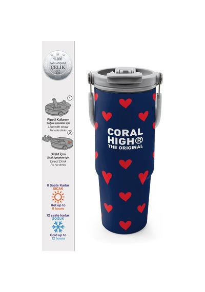 Coral High Lacivert Kırmızı Kalp Desenli Pipetli Ve Direkt İçim Çelik Termos 900 Ml 38705 Lacivert - Kırmızı Coral High Lacivert Kırmızı Kalp Desenli Pipetli Ve Direkt İçim Çelik Termos 900 Ml 38705 Lacivert - Kırmızı