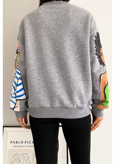 Femelle Kadın Gri 3 İplik Şardonlu Baskılı Oversize Pamuk Sweatshirt