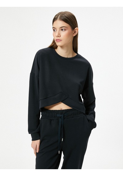 Koton Modal Kumaş Crop Spor Sweatshirt Asimetrik Kesim Bisiklet Yaka Uzun Kollu Siyah 4sak10014nk Siyah